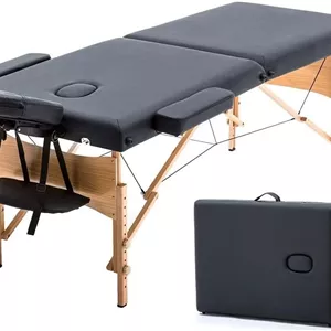 تخت ماساژ تاشو قابل حمل چوبی با ابعاد 180x60 سانتی متر، میز ماساژ 2 تایی با ارتفاع قابل تنظیم، تخت اسپا با کیف حمل، قاب آلیاژ آلومینیوم، مشکی