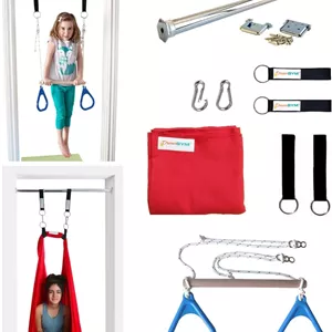 ست تاب حسی آستانه در DreamGYM - تاب فشاری قرمز و میله بارفیکس با حلقه های ژیمناستیک آبی