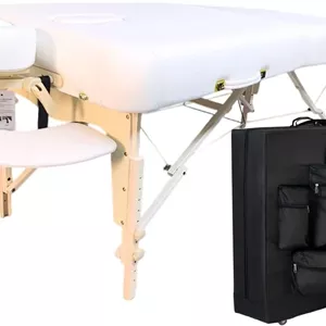 تخت ماساژ قابل حمل MASTER، مناسب برای سالن های زیبایی، اسپا، فیزیوتراپی، سفید، عرض ۷۶ سانتی متر، ارتفاع قابل تنظیم ۶۰ تا ۸۶ سانتی متر، فوم ضخیم ۱۰ سانتی متری، پایه های چوبی به همراه کیف چرخ دار رایگان