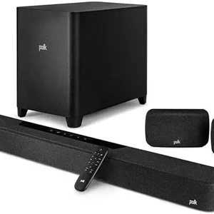 سیستم صوتی فراگیر 7.1.2 کاناله Polk Audio MagniFi Max AX SR به همراه ساب ووفر بی سیم 10 اینچی و بلندگوهای فراگیر SR2 برای تلویزیون هوشمند، Dolby Atmos و DTS:X، فناوری های VoiceAdjust و SDA ثبت شده Polk، مشکی