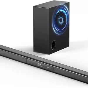 نوار صوتی 2.1 کاناله با ساب ووفر سیمی، نوار صوتی جداشدنی تلویزیون 35 اینچی، بلوتوث، HDMI-ARC، اپتیکال، AUX، USB، FM، ورودی های کواکسیال برای سینمای خانگی