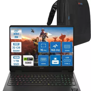 کامپیوتر قابل حمل HP OMEN Slim 16-AM000NT Intel Core Ultra 9 285H با 32 گیگابایت رم DDR5، 1 ترابایت SSD، کارت گرافیک RTX5060 با 8 گیگابایت حافظه GDDR7، صفحه نمایش 16 اینچی WUXGA (1920x1200) با نرخ تازه سازی 165 هرتز، روشنایی 400 نیت، زمان پاسخگویی 3 میلی ثانیه، پنل IPS و سیستم عامل FreeDos به همراه 