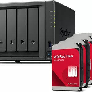دستگاه ذخیره ساز تحت شبکه 4Bay سینولوژی DS925  به همراه 4 عدد هارد دیسک 6 ترابایتی وسترن دیجیتال (WD Red Plus)، دارای پورت 2.5GbE و 4 گیگابایت رم