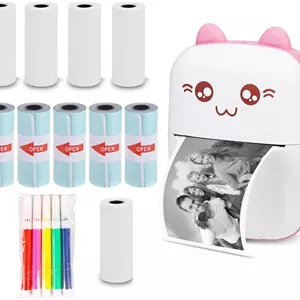 چاپگر حرارتی برچسب با قابلیت شارژ USB، چاپگر عکس بی سیم بلوتوث قابل حمل سازگار با اندروید یا iOS به همراه 1 رول کاغذ حرارتی (صورتی)