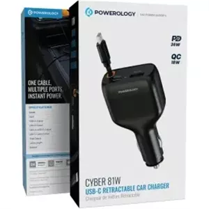 شارژر فندکی 81 وات کابل متصل تایپ سی پاورولوژی Cyber USB-C Retractable Car Charger