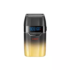 ماشین اصلاح موی صورت وی جی ار مدل V-308 با تیغه تیتانیوم پیشرفته، باتری لیتیوم یونی 1200 میلی‌آمپرساعتی، قابلیت اصلاح خشک و مرطوب، نمایشگر وضعیت باتری و طراحی ارگونومیک مقاوم در برابر ضربه, رنگ چند رنگ مشکی طلایی