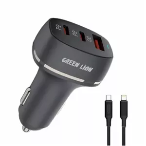 شارژر فندکی سه پورت PD QC گرین لاین مدل GN2PD1QCLCCBK توان 50 وات با کابل لایتنینگ