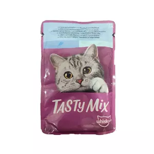 پوچ گربه ویسکاس روسی مدل تیستی میکس با طعم ماهی تن و ماهی سفید 85 گرم