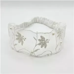 هدبند زنانه گیپور مدل مروارید دار رنگ سفید (ارسال طرح پارچه رندوم )