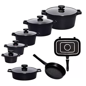 سرویس قابلمه ۱۵ پارچه یونیک طرح دیاموند کد 8519 و 8520 چدن گرانیتی unique مشکی تمام گرانیت