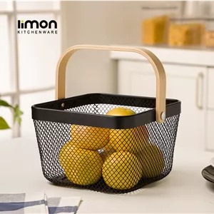 سبد فلزی مربع با دسته چوبی لیمون