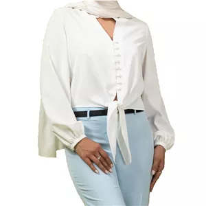 شومیز زنانه کرپ الیزه گره ای تابستانی یقه هفت آزیتا بُرنُس سفید 40