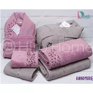 حوله ست دو نفره دنیز مدل HANDMADE شکوفه یاسی تیره و فیلی