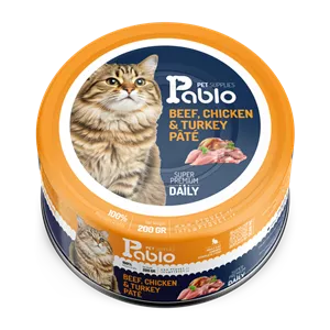 کنسرو پته سوپر پرمیوم گربه بالغ پابلو طعم گوشت گوساله، مرغ و بوقلمون