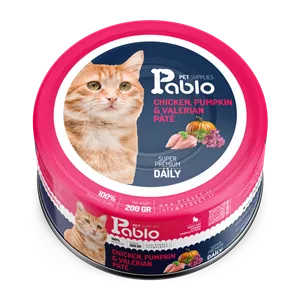 کنسرو پته سوپر پرمیوم گربه بالغ پابلو گوشت مرغ، کدو تنبل و سنبل الطیب 200 گرم