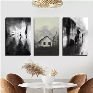 تابلو شاسی بکلیت طرح سیاه قلم جنگل و مه مدل SH-2420 مجموعه 3 عددی سایز 40*60*10 
