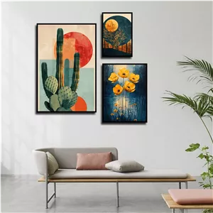 تابلو بکلیت طرح نقاشی گل و کاکتوس مدل B-3092 مجموعه 3 عددی سایز 30*40*10 