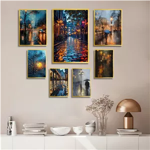 تابلو بکلیت طرح منظره شهر و باران مدل T-3047 مجموعه 7 عددی سایز 30*40*10