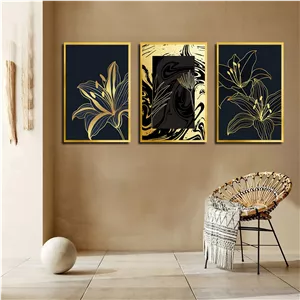 تابلو بکلیت طرح نقاشی گل طلایی مدل T-3160 مجموعه 3 عددی سایز 20*30*10 