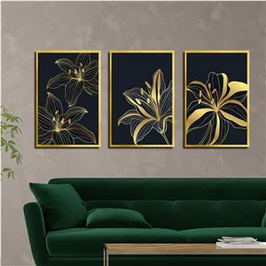 تابلو بکلیت طرح نقاشی گل طلایی مدل T-3158 مجموعه 3 عددی سایز 50*70*10 
