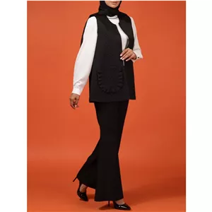 وست زنانه ژاکارد آستر دار جیب دار کلاسیک 70101 بُرنُس رنگ مشکی مات 46