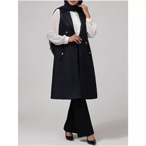 وست بلند زنانه ژاکارد مجلسی جیب نما یقه انگلیسی 70104 بُرنُس رنگ سرمه ای XL
