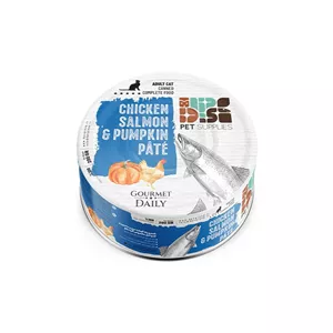 کنسرو غذای گربه دی پی اس پته با طعم مرغ و سالمون و کدو وزن 200 گرم برند dps
