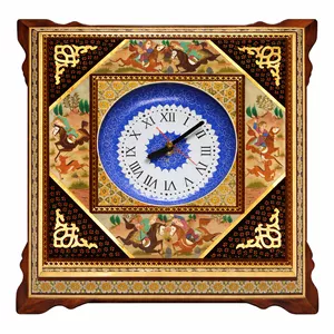 ساعت دیواری خاتم کاری چوبی طرح نقاشی چوگان برجسته کد P-0003 
