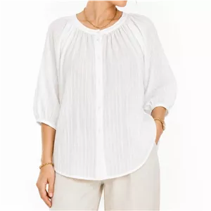 شومیز خارجی کژوال پرنسسی خنک و نخی سفید یخی (دوخت نخ آبی) برند Women کد 3140