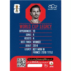 کارت فوتبالی طلا سوت گریزمان GRIEZMANN طرح جام جهانی 2026 با 10 سوت طلای 18 عیار دیجیتال کد SO10052026