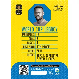 کارت فوتبالی طلا سوت نیمار NEYMAR طرح جام جهانی 2026 با 10 سوت طلای 18 عیار دیجیتال کد SO10085026
