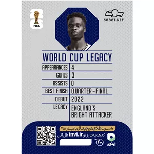 کارت فوتبالی طلا سوت بوکایو ساکا BUKAYO SAKA طرح جام جهانی 2026 با 10 سوت طلای 18 عیار دیجیتال کد SO10018026