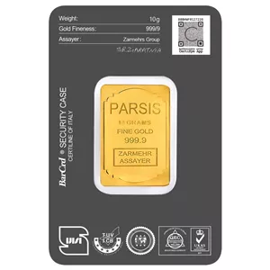 شمش طلا پارسیس 24 عیار 999.9 وزن 10 گرم ده گرم پلمپ امنیتی 