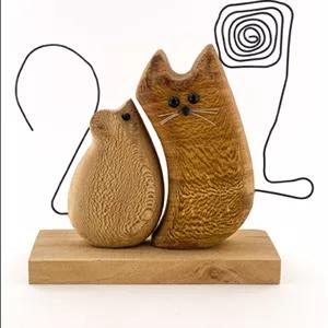 مجسمه چوبی دست‌ساز موش و گربه | دکوری خاص با طراحی هنری و طبیعی
