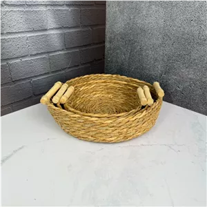 سبد حصیری سه عددی دسته بامبو طرح گرد