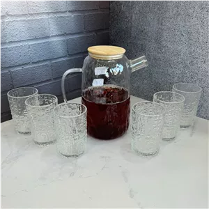 ست پارچ و لیوان پیرکس درب بامبو طرح یخی