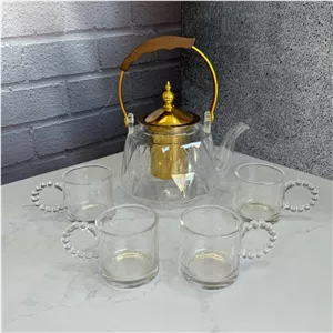 ست قوری و استکان پیرکس دسته منجوق طرح لوزی