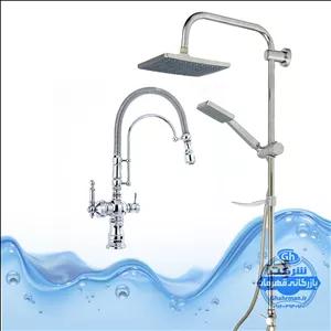 ست ۲ عددی شیر ظرفشویی مدل بیزانس دومنظوره  و علم دوش یونیورست رسوب‌گیر اتومات | کروم براق | شیرآلات برند آیدا صنعت مدل بیزانس