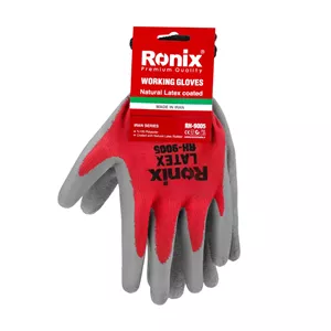 دستکش ایمنی لاتکس کف مواد طوسی ساده نخ قرمز به همراه تگ سبک رونیکس مدل RH-9005