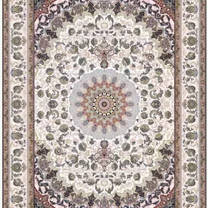 فرش پرشین مشهد 1200 شانه تراکم 3600 طرح 36002 کرم نقره ای تمام نخ اکریلیک