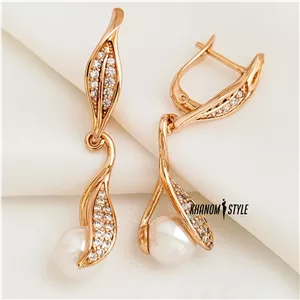 گوشواره ژوپینگ مرواریدی طرح برگ E606 