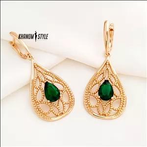 گوشواره ژوپینگ طرح اشک نگین زمردی E7042 