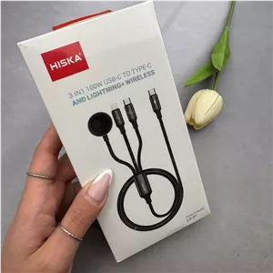 کابل شارژ سه کاره 1.2 متری فست و شارژر وایرلس Hiska مدل LX-31 100W - مشکی کد 140435