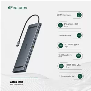 هاب گرین لاین Green Lion 12 in 1 4K HDMI Ethernet USB C HUB