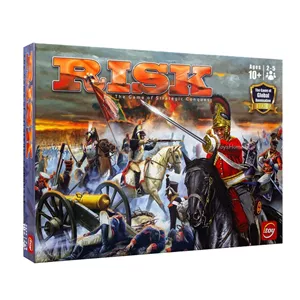 بازی فکری استراتژیک و نظامی Risk مدل تخته‌ای فتح 42 قلمرو جهان با 5 ارتش رنگی، 3 تاس حمله، 2 تاس دفاع، کارت‌های ماموریت و آتش‌بس، مناسب 2 تا 6 نفر بالای 10 سال با جعبه هاردباکس و دفترچه فارسی