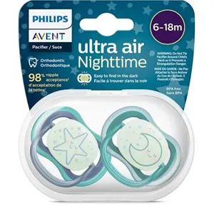 پستانک ارتودنسی 6تا18 ماه شبرنگی (شب تاب) 1 عددی الترا ایر ultra air فیلیپس اونت philips avent طرح ماه و ستاره