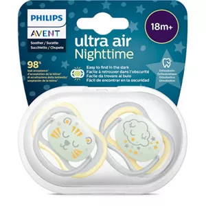 پستانک ارتودنسی شبرنگی (شب تاب) 1 عددی بالای ۱۸ ماه الترا ایر ultra air فیلیپس اونت philips avent طرح گربه و ابر