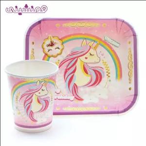 ست 10 نفره پیشدستی و لیوان تم جشن و تولد مدل اسب تکشاخ یونیکورن