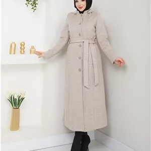 کت زنانه زمستانی پشمی ضخیم با دکمه و کلاه 57050 - 10039