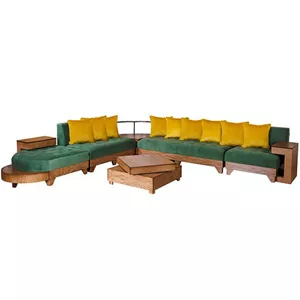 مبل ال 7 نفره دکورابو مدل الیکا کد 310 با روکش پارچه و پایه چوب، دارای 9 عدد کوسن کن مدل 404147